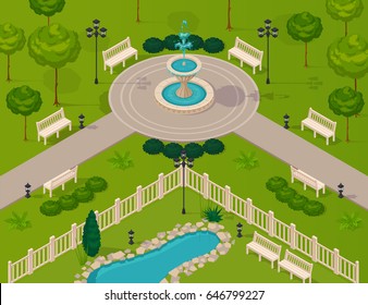 Fragment of city park landscape with walking path fountain trees and benches isometric vector illustration