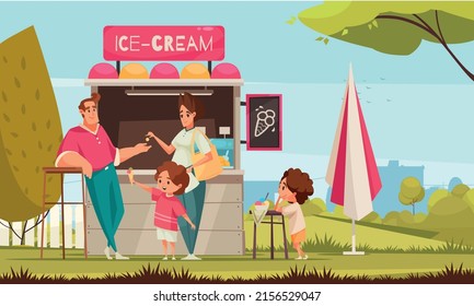 Fragment of city park landscape with woman buying ice cream for her children in street cart flat vector illustration