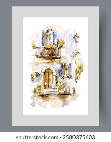 Fragment of city two-story building with small balconies on wall art. Watercolor artwork. Print with building with plants decorating facade and exterior, in frame with decor for poster