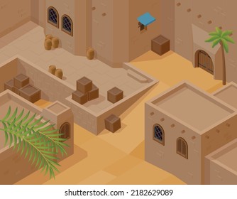 Fragment of desert landscape with traditional mud brick houses isometric background vector illustration