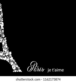 Fragment of the eiffel tower on a black background and the inscription of Paris my love. Wedding banner card. Eiffel tower - France. Vector illustration.