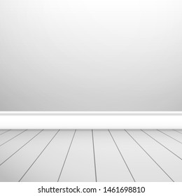 Fragment of an empty room with a white wall and floorboards. Background for design
