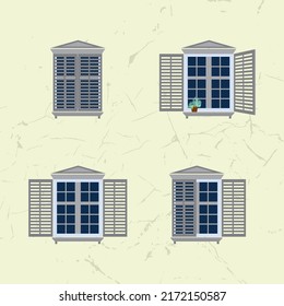 Fragment of the facade of an old house with windows and blinds. Cracked wall of the house. Vector architectural design elements.