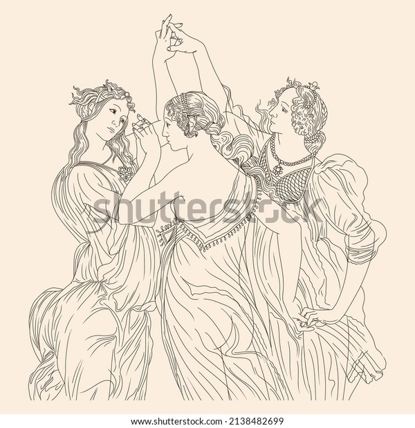 Fragment of the famous painting by\
Botticelli Spring. Three young beautiful girls intertwined their\
hands and embrace. Figurine isolated on beige\
background.