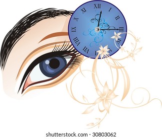 Fragment of female look and clock. Vector