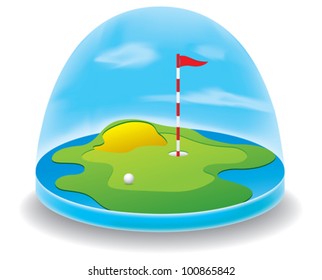 fragment of the golf field under the blue sky with clouds