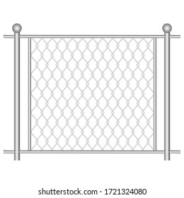 Fragment of a gray fence made of mesh with support pillars on a white background. Vector illustration. Stock Photo.