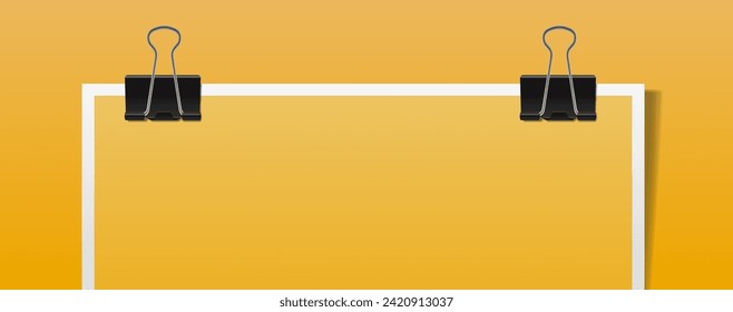 Fragment of horizontal yellow sheets of paper with frame and binder on yellow background. Banner vector illustration