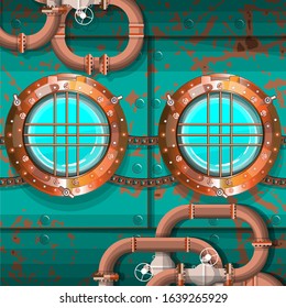 Fragment of the hull of a vintage submarine in the steampunk style. Portholes in a copper frame, steam piping, chains, riveted metal with signs of oxidation. Vector illustration