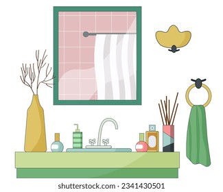 Fragment of the interior of the bathroom. Washbasin with mirror and shower accessories. Decorative plants in a vase. For brochures, advertising, flyers and design. Vector in flat style.