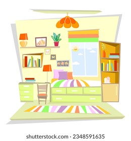 Fragment of the interior of a cartoon children's room with a window in bright colors isolated on a white background
