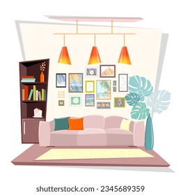 Fragment of the interior of a cartoon living room with a wide sofa, a bookcase, a plant and paintings on the wall isolated on a white background