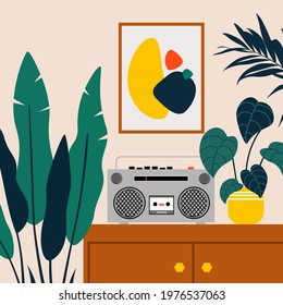 a fragment of an interior design in the style of the 80s, on the chest of drawers there is a cassette tape recorder, indoor flowers, an abstract painting on the wall, retro style in the interior