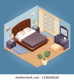 Fragment of the interior with detailed isometric furniture set. Cartoon bedroom with double  bed, bedding, high back, nightstand, mirror, flowerpot and lamp. Vector flat style 3d illustration.