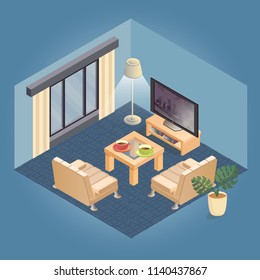 Fragment of the interior with detailed isometric furniture set. Cozy living room includes armchair with white upholstery and table, TV, lamp, flowerpot. Vector flat style 3d illustration.