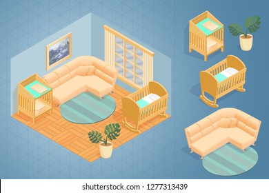 Fragment of interior with detailed isometric furniture set. Cartoon wooden bed for children, baby changing table and sofa. Baby crib in the room. Vector flat style 3d illustration.