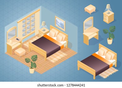 Fragment of the interior with detailed isometric furniture set. Cartoon bedroom with double  bed, bedding, carpet, nightstand, mirror, flowerpot and lamp. Vector flat style 3d illustration.