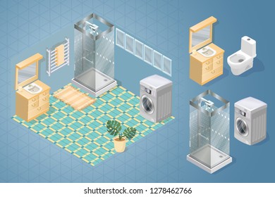 Fragment of the interior with detailed isometric furniture set. Interior design. Bathroom items and furniture isometric icons. Cartoon sink, shower, toilet. Vector flat style 3d illustration.