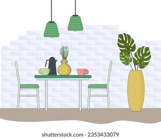 Fragment of the interior of the dining room. Table and chairs, plants, cups and teapot, vase of flowers. Vector flat illustration. For the design of flyers, brochures and furniture stores, social