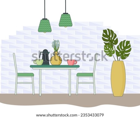 Fragment of the interior of the dining room. Table and chairs, plants, cups and teapot, vase of flowers. Vector flat illustration. For the design of flyers, brochures and furniture stores, social