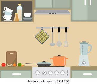 Fragment of an interior of kitchen in provence color. There is an orange pan and a frying pan on the stove, also blender and other objects in the picture. Vector flat illustration.