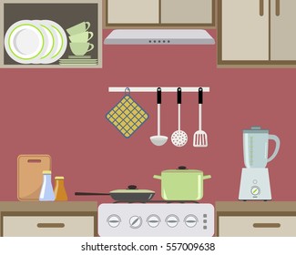 Fragment of an interior of kitchen in red color. There is a green pan and a frying pan on the stove, also blender and other objects in the picture. Vector flat illustration