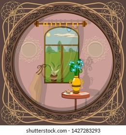 Fragment of the interior of a small room with a window, a beautiful view from the window, a coffee table, a vase and a cake on a plate. Picture in an elegant vintage frame. Vector illustration