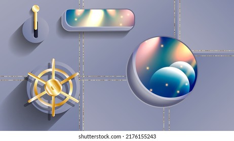 A fragment of the interior of the starship. Portholes with a view of the universe, electric switch, steering wheel, metal riveted interior trim. Abstract flat design. Vector.