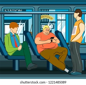 Fragment of the interior of the tram, trolley, bus or train. In the cabin there are passengers. Genre scene. Vector illustration