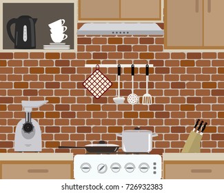 Fragment of kitchen interior on brick wall background. There is a frying pan, a pan on the stove, a meat grinder, a black kettle and other objects in the picture. Vector flat illustration