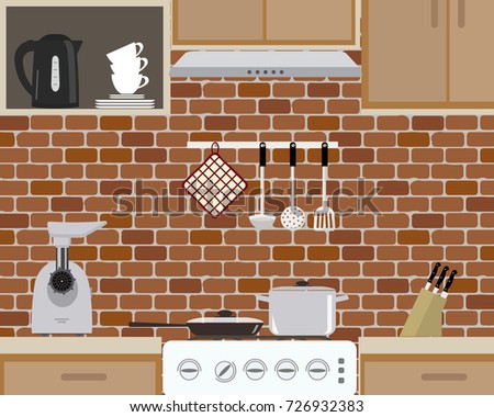 Fragment of kitchen interior on brick wall background. There is a frying pan, a pan on the stove, a meat grinder, a black kettle and other objects in the picture. Vector flat illustration