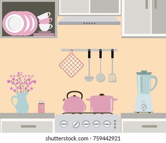 Fragment of a kitchen interior in pink color. Still life. There is a kettle and pan on the stove, also blender, a vase with flowers and other objects in the picture. Vector flat illustration