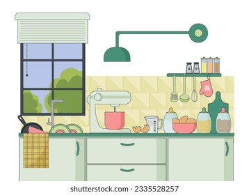 Fragment eines Kücheninnenraums mit Fenster. Mixer und Produkte zum Kochen. Möbel und Geschirr, Schränke, Gewürzgläser und Müslisorten, Teller und Becher, Küchenzubehör. Vektor-flach-linear