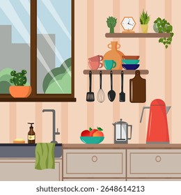 Fragment of kitchen interior with wooden shelves, sink and modern household appliances. Cozy room in apartment with cooking place concept. Flat vector. Cityscape outside the window.