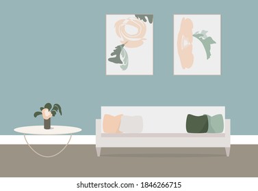 Fragment of the living room in dark colors. A gray sofa, a table with a vase and flowers, two large abstract paintings on the wall. Vector