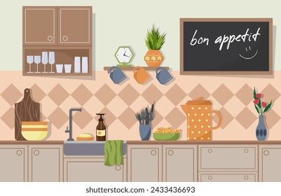 Fragment of a modern kitchen. Cabinets and shelves. Kitchen utensils on the table - coffee pot and cups, cutlery and glasses, bowl with cookies. Sink and dishes. Chalk board with greeting. Flat vector