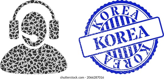 Icono del operador del centro de llamadas de mosaicos de fragmentos y sello KOREA redondo azul con leyenda dentro de forma redonda. Icono de mosaico del operador del centro de llamadas de objetos de escombros con tamaños aleatorios,