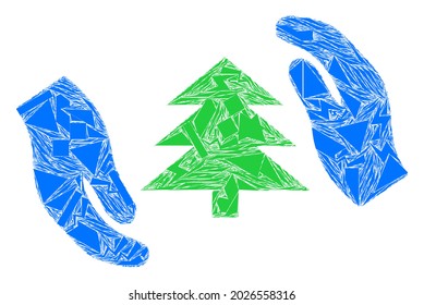 Fragment mosaic fir tree care hands icon. Fir tree care hands mosaic icon of debris elements which have various sizes, and positions, and color tints. Vector collage for abstract images.