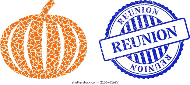 Fragment mosaic harvest pumpkin icon, and blue round REUNION dirty seal with text inside round shape. Harvest pumpkin collage icon of shards parts which have different sizes, and positions,