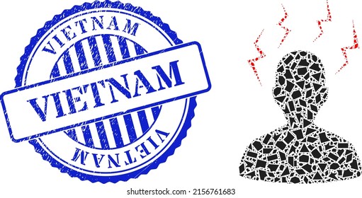 Fragment mosaic head migrain strikes icon, and blue round VIETNAM corroded stamp with tag inside round form. Head migrain strikes mosaic icon of shatter items which have different sizes,