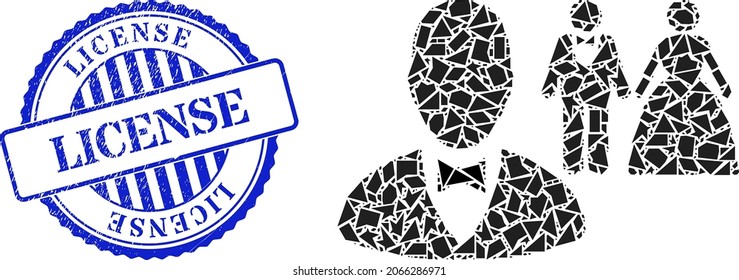 Fragment Mosaic Marriage Officiant Icon, And Blue Round LICENSE Dirty Seal With Caption Inside Round Shape. Marriage Officiant Mosaic Icon Of Fragment Items Which Have Variable Sizes, And Positions,