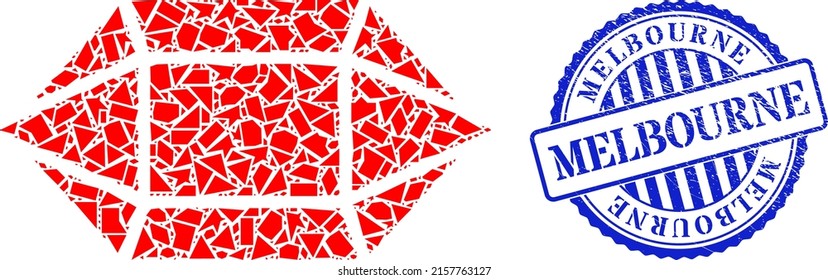 Fragment mosaic ruby crystal icon, and blue round MELBOURNE scratched stamp with caption inside round shape. Ruby crystal collage icon of debris items which have randomized sizes, and positions,