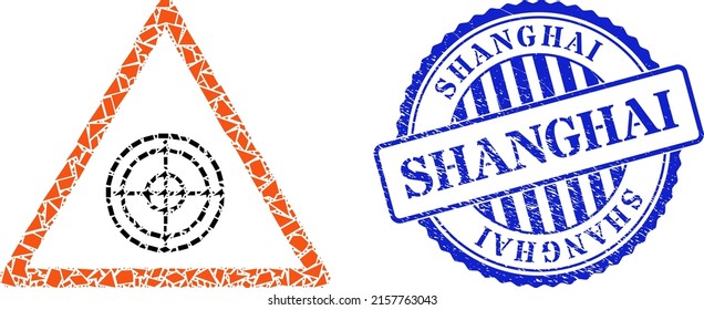 Fragment mosaic target warning icon, and blue round SHANGHAI rubber print with text inside round shape. Target warning mosaic icon of fragment particles which have various sizes, and positions,