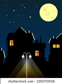 Fragment of a night city. Dark houses silhouettes, glowing windows, lantern, moon and stars. Vector illustration