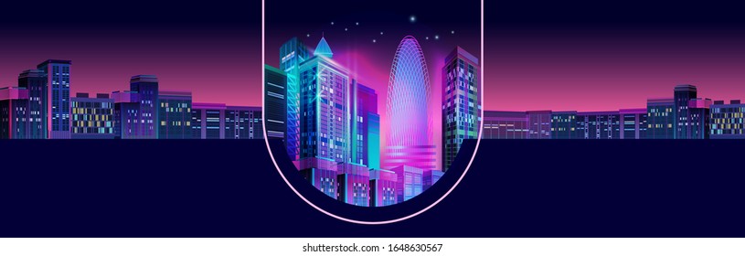 Fragment of a night panorama of a modern city. Night city panorama with skyscrapers and neon glow lights on blue background. Futuristic cityscape. Vector illustration with buildings. 