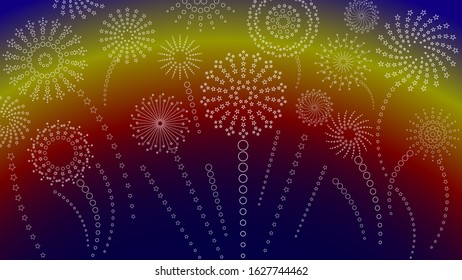 A fragment of the night sky with multi-colored festive rising fireworks. Vector illustration.