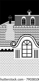 fragment of an old house with a roof tile and attic