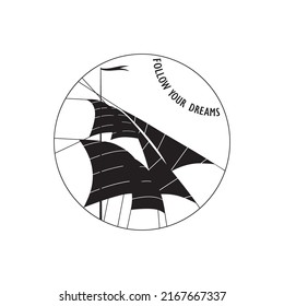 Fragment of an old sailboat.Vector illustration of old sails. Perfect logo for your tour business. Black silhouette in the frame.