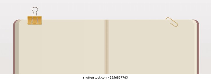 Fragment of open sketchbook ivory color paper sheets. Banner vector template illustration