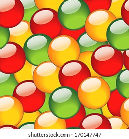 Fragment of seamless pattern from bright green, yellow and red balls for background. Illustration, vector
